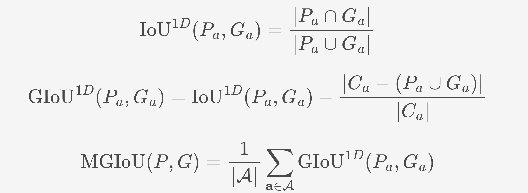 One-dimensional IoU, GIoU and MGIoU equations